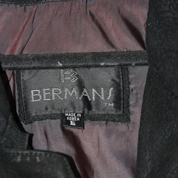 BERMANS Bomber Jacket Mens L Black Leather Suede Full Zip Lined Made Korea